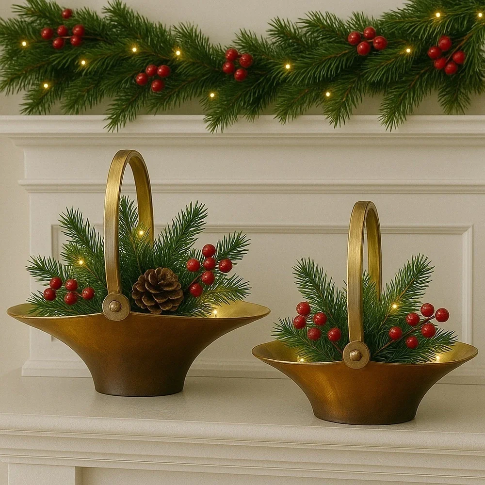 Vtg Brass Baskets Set of 2 Nesting Handled Patina MCM Hollywood Regency Decor